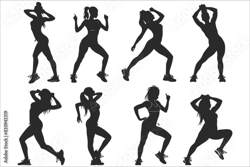 Woman exercising silhouettes set, woman gym exercises silhouettes, Female yoga silhouettes set, Various woman sports exercising silhouettes, Fitness silhouettes,  Fitness exercise silhouettes