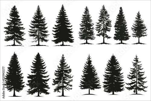 Christmas trees silhouettes, Christmas trees pictogram set, Pine tree silhouette, Silhouette of pine trees, Forest fir trees, Forest, Pine, Tree, Nature, Pine tree, Christmas tree, Decorated tree
