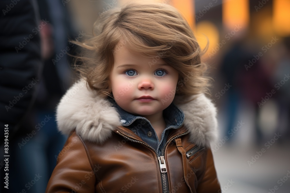 A young child wearing a brown jacket and a fur-lined hood A young child wearing a brown jacket and a fur-lined hood
