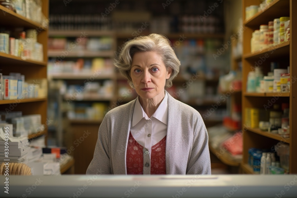A woman is sitting at a counter in a pharmacy A woman is sitting at a counter in a pharmacy