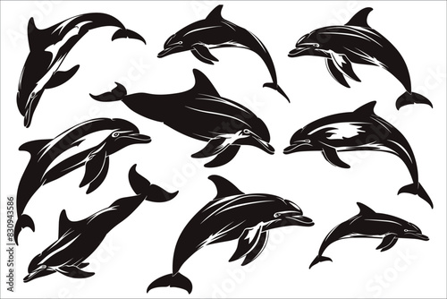 Set of black silhouette of dolphin, Silhouettes of fish, Dolphin jump from the water, Black silhouettes of dolphin, Dolphin, Element, Ocean, Jumping, Animal, Abstract, Aquarium, Fish, Illustration