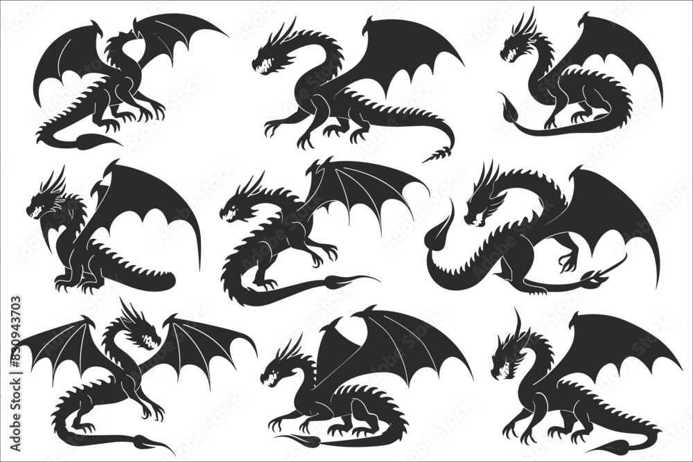 Naklejka premium Set of Chinese dragon silhouette, Chinese dragon vector, Black dragon, Dragon silhouettes, Vector dragon tattoo, Black dragons tattoo, Set of dragon silhouettes vector, Medieval black dragons animals