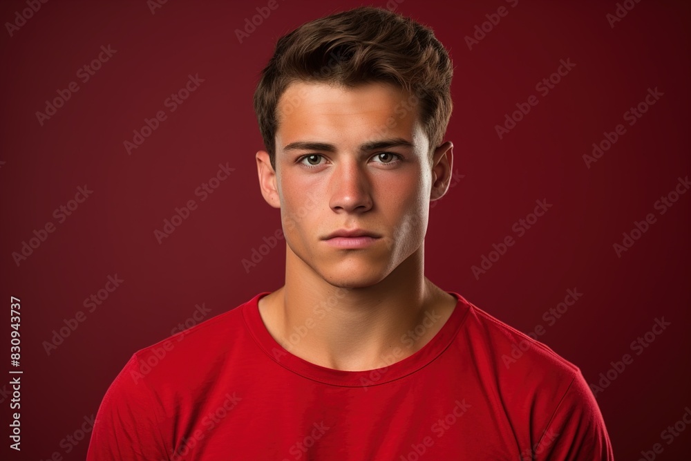 A young man in a red shirt is staring at the camera
