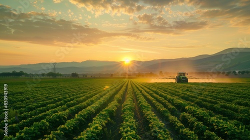 A tractor sprays plants in a field at sunset, surrounded by nature and sunlight photo