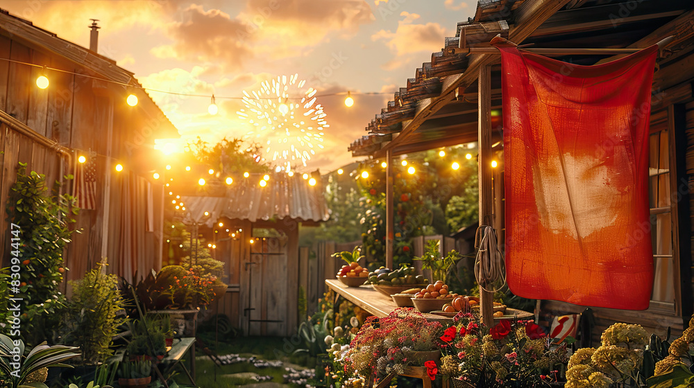 Naklejka premium Festive Outdoor Dinner with Fireworks 