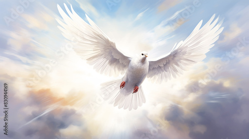 White dove  a symbol of peace  flew gracefully with its wings outstretched  each feather reflecting holy light of the spirit as the bird soared through the sky. dove  white  holy  feather  peace.