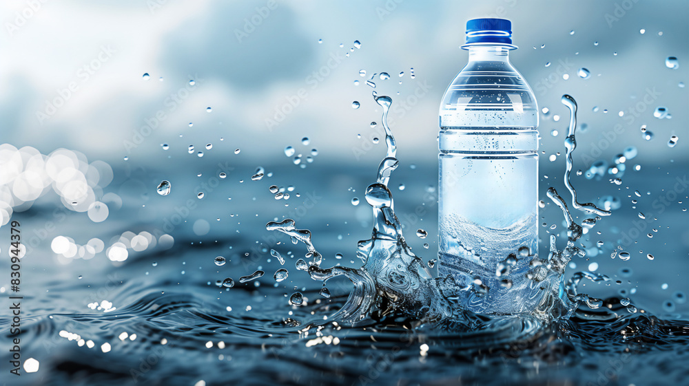 Water bottle splashes on a blue background for advertising campaigns for healthy water drinking. Water bottle splashes on a blue background for advertising campaigns for healthy water drinking.
