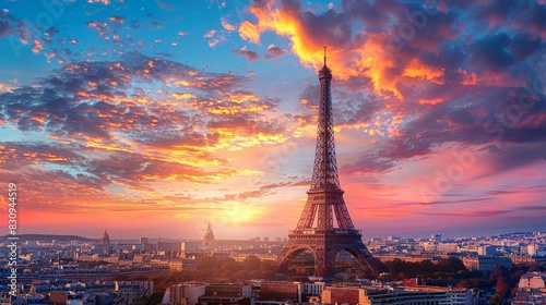 A breathtaking view of the Eiffel Tower at sunset, with vibrant colors in the sky and Parisian buildings below, with copy space.