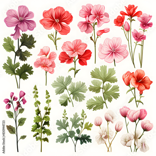set of Geranium  plants  leaves and flowers. illustrations of beautiful realistic flowers for background  pattern or wedding invitations