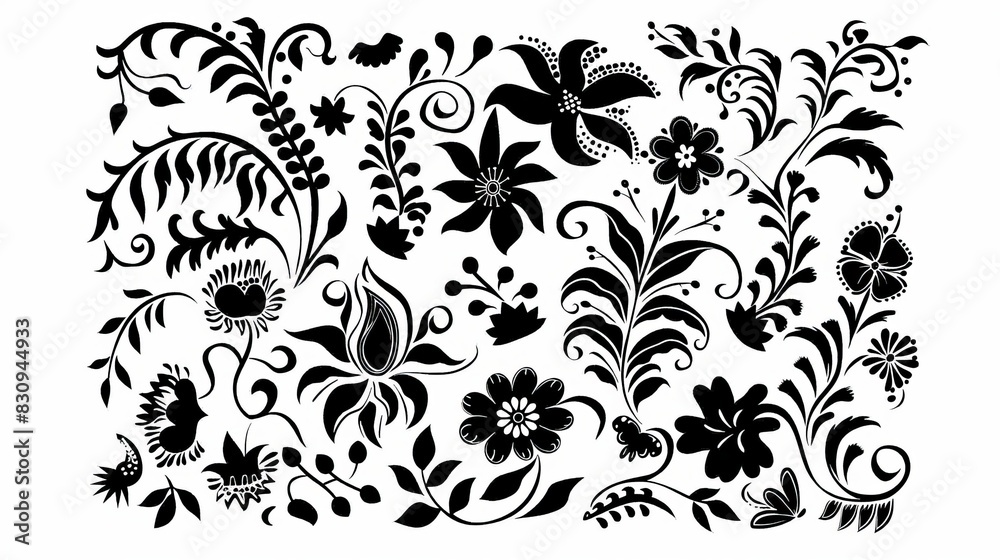 Black and white floral pattern with various intricate designs, perfect for backgrounds or textile design elements. Black and white floral pattern with various intricate designs, perfect for backgrounds or textile design elements.