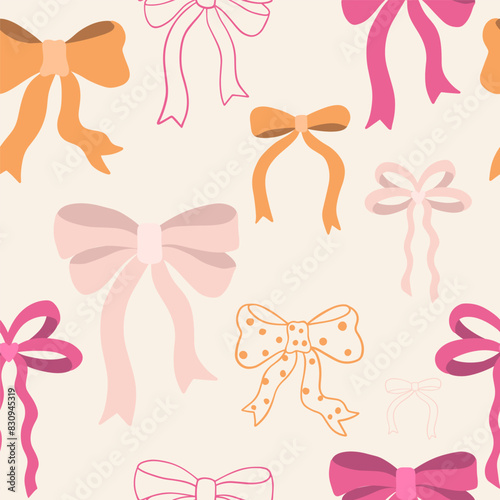 Seamless pattern with bows made from ribbons of various shapes.