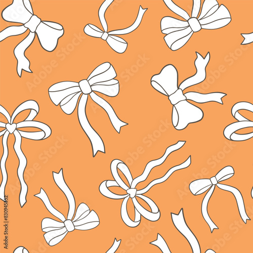 Seamless pattern with bows made from ribbons of various shapes.