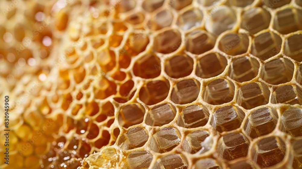 A detailed shot of a honeycomb structure, highlighting the hexagonal patterns and waxy texture, with copy space.