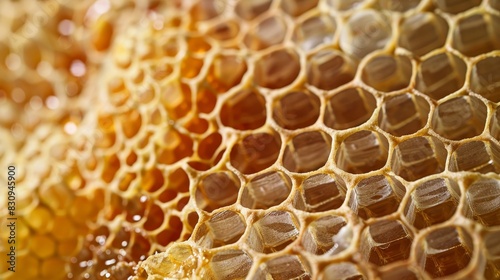 A detailed shot of a honeycomb structure, highlighting the hexagonal patterns and waxy texture, with copy space. photo