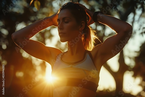 Closeup of a female jogger stretching in a city park at sunrise, healthy lifestyle, Olympus OMD EM1, Agfa Vista Plus 200 photo