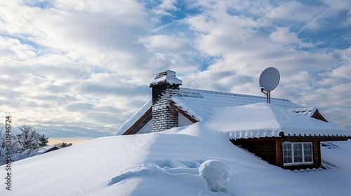 Snow covered roof of a single family home with ceramic ventilation chimney and satellite dish under cloudy sky