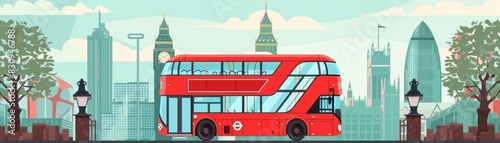 A classic red double-decker bus driving through a historic city street  with iconic landmarks in the background  with copy space.