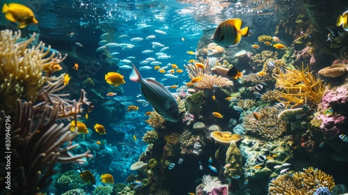 Animals of the underwater sea world. Ecosystem. Colorful tropical fish. Life in the coral reef