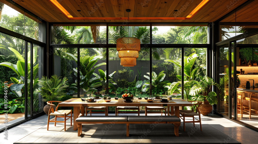 Natural black shade dining room of a house resort by lush jungle