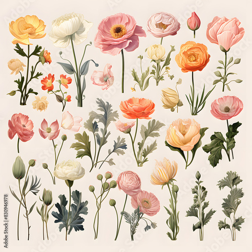 set of Ranunculus  plants  leaves and flowers. illustrations of beautiful realistic flowers for background  pattern or wedding invitations