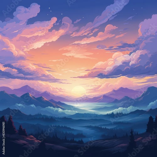 A vibrant sunset paints the sky with hues of pink and orange over a majestic mountain range.