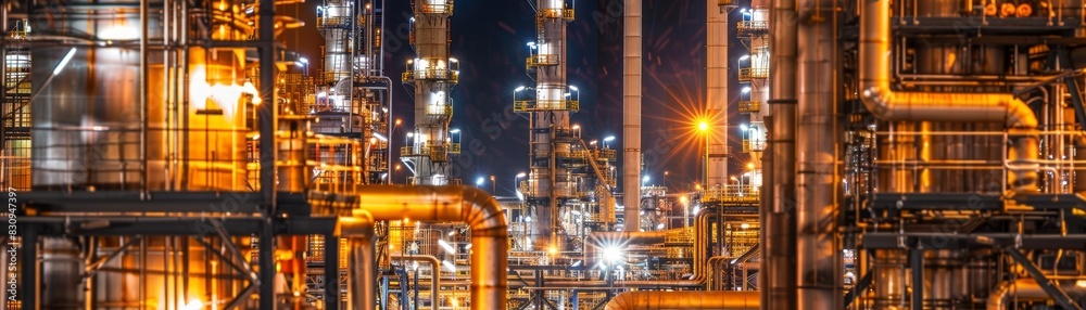 A high-resolution image of an oil refinery at night, with bright lights, tall stacks, and complex piping systems, with copy space.