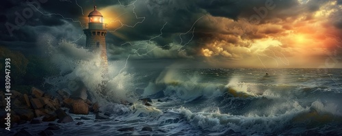 Dramatic lighthouse scene with stormy waves crashing against rocky shore, illuminated by vibrant sunset and dark clouds overhead. photo