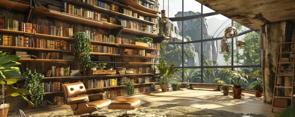 Cozy library with wooden shelves and lush plants, overlooking a scenic mountain view through a large window, ideal for reading and relaxation. Cozy library with wooden shelves and lush plants, overlooking a scenic mountain view through a large window, ideal for reading and relaxation.