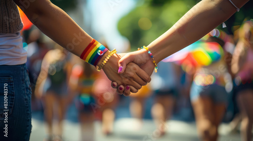 Holding hands showing unity and diversity - Close-up of two hands holding each other with pride wristbands, expressing unity and support for the LGBT community photo