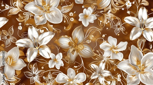An opulent and delicate botanical design featuring intricate white and gold flowers on a rich brown background  perfect for a stylish and vintage decorative pattern.