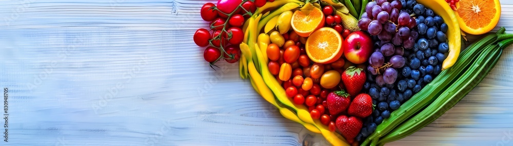 A vibrant image of fresh fruits and vegetables arranged in a heart shape, symbolizing healthy eating and nutrition, with copy space.