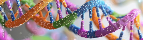 A close-up of a DNA double helix model with vibrant colors representing different genetic codes, illustrating the complexity of genetics, with copy space. photo
