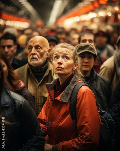 A woman in a red jacket stands amidst a crowded train station, looking up with a thoughtful expression.