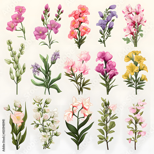 set of Snapdragon, plants, leaves and flowers. illustrations of beautiful realistic flowers for background, pattern or wedding invitations photo