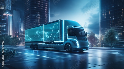 Futuristic electric truck driving through a modern city at night, illuminated with blue lights, showcasing advanced technology. photo
