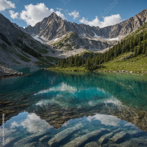A serene mountain lake with crystal-clear waters reflecting the surrounding peaks.