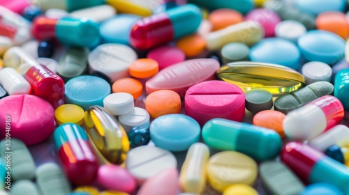 A macro shot of various colorful pills and capsules scattered across a surface, representing modern medicine and pharmaceuticals, with copy space.