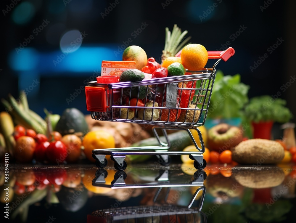 Mini shopping cart filled with vegetables and fruits, reflecting on a shiny surface with more vegetables in the background.