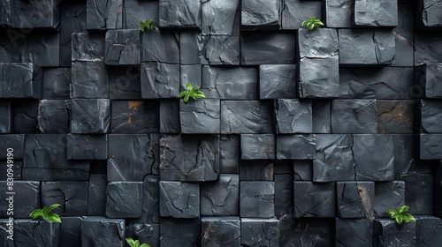 A detailed image of a textured black stone wall interspersed with vibrant green leaves