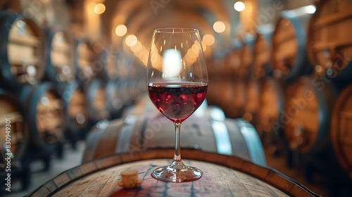 Minimalist Red Wine Glass on Rustic Barrel in French Winery Interior