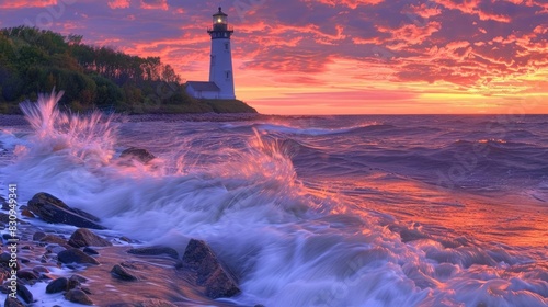 Stunning sunset over an ocean lighthouse with crashing waves and dramatic clouds, creating a breathtaking scenic view.