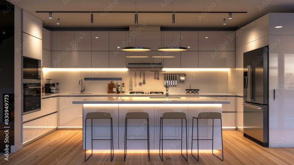 A modern minimalist kitchen with sleek white cabinets, a central island with bar stools, and stainless steel appliances, illuminated by pendant lights, with copy space. A modern minimalist kitchen with sleek white cabinets, a central island with bar stools, and stainless steel appliances, illuminated by pendant lights, with copy space.