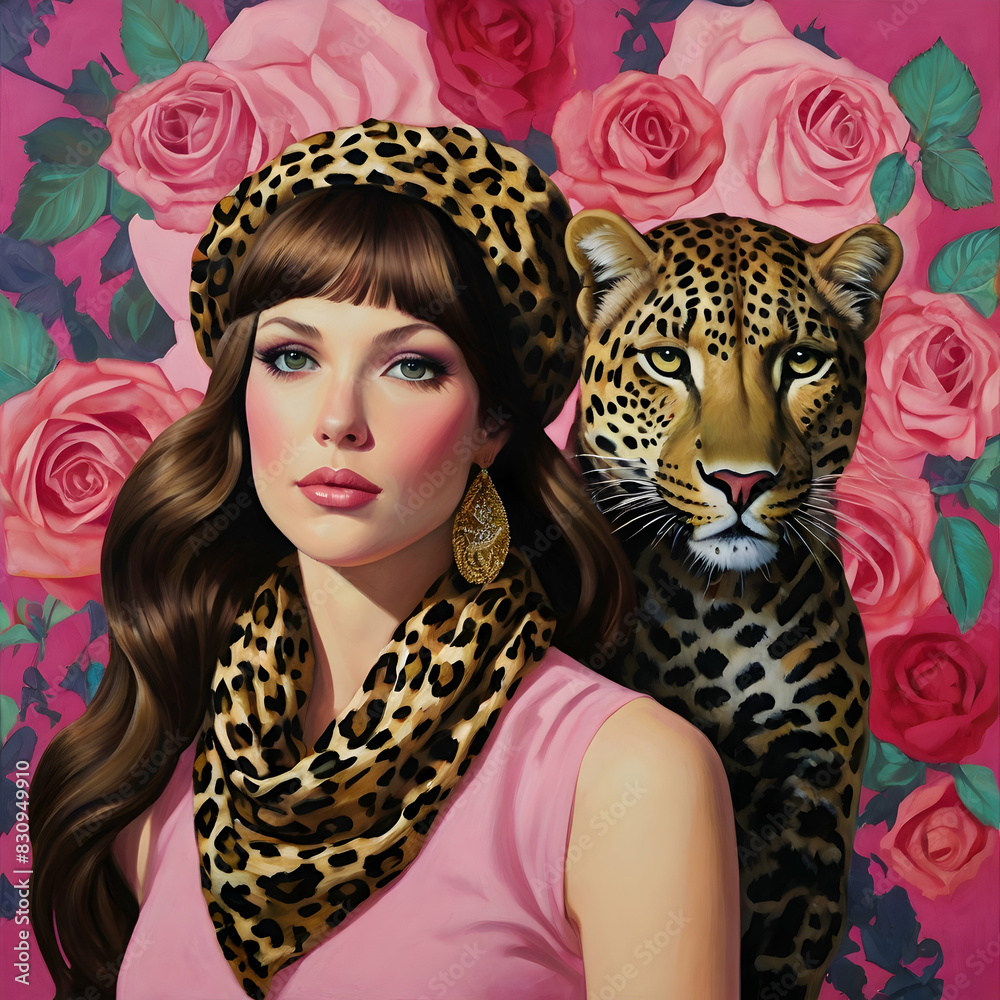 a captivating woman. Lush brown waves cascade down her shoulders, framed by a chic pink beret and a leopard print scarf. Striking makeup accentuates her eyes and lips, creating a mesmerizing aura a captivating woman. Lush brown waves cascade down her shoulders, framed by a chic pink beret and a leopard print scarf. Striking makeup accentuates her eyes and lips, creating a mesmerizing aura