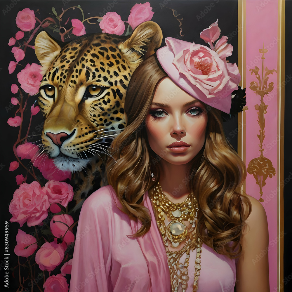 a captivating woman. Lush brown waves cascade down her shoulders, framed by a chic pink beret and a leopard print scarf. Striking makeup accentuates her eyes and lips, creating a mesmerizing aura a captivating woman. Lush brown waves cascade down her shoulders, framed by a chic pink beret and a leopard print scarf. Striking makeup accentuates her eyes and lips, creating a mesmerizing aura
