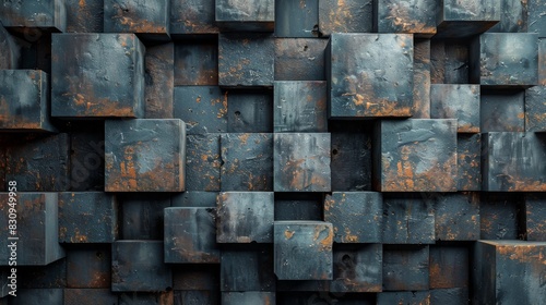 Close-up of a textured pattern with rust-covered metal cubes creating a sense of nostalgia and decay