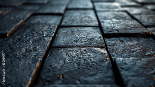 Close-up image emphasizing the texture of weathered black cobblestones with fine details