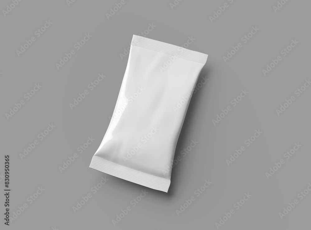 3D packaging render of pillow food snack bag isolated on a light background.