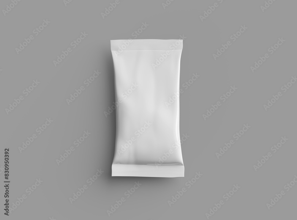 3D packaging render of pillow food snack bag isolated on a light background. 3D packaging render of pillow food snack bag isolated on a light background.
