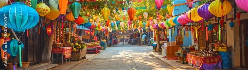 A vibrant street decorated with colorful lanterns and streamers for a traditional local festival, with stalls selling food and crafts, with copy space. photo