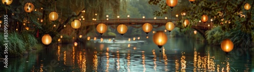 A serene view of a river decorated with floating lanterns for a local festival, creating a magical atmosphere with reflections on the water, with copy space. photo